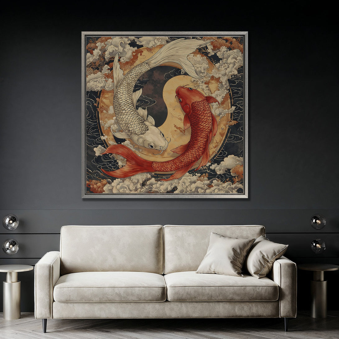 Framed Wall Art featuring koi fish in a Yin Yang design. Japanese-inspired art with warm, earthy tones. Perfect for modern home decor.