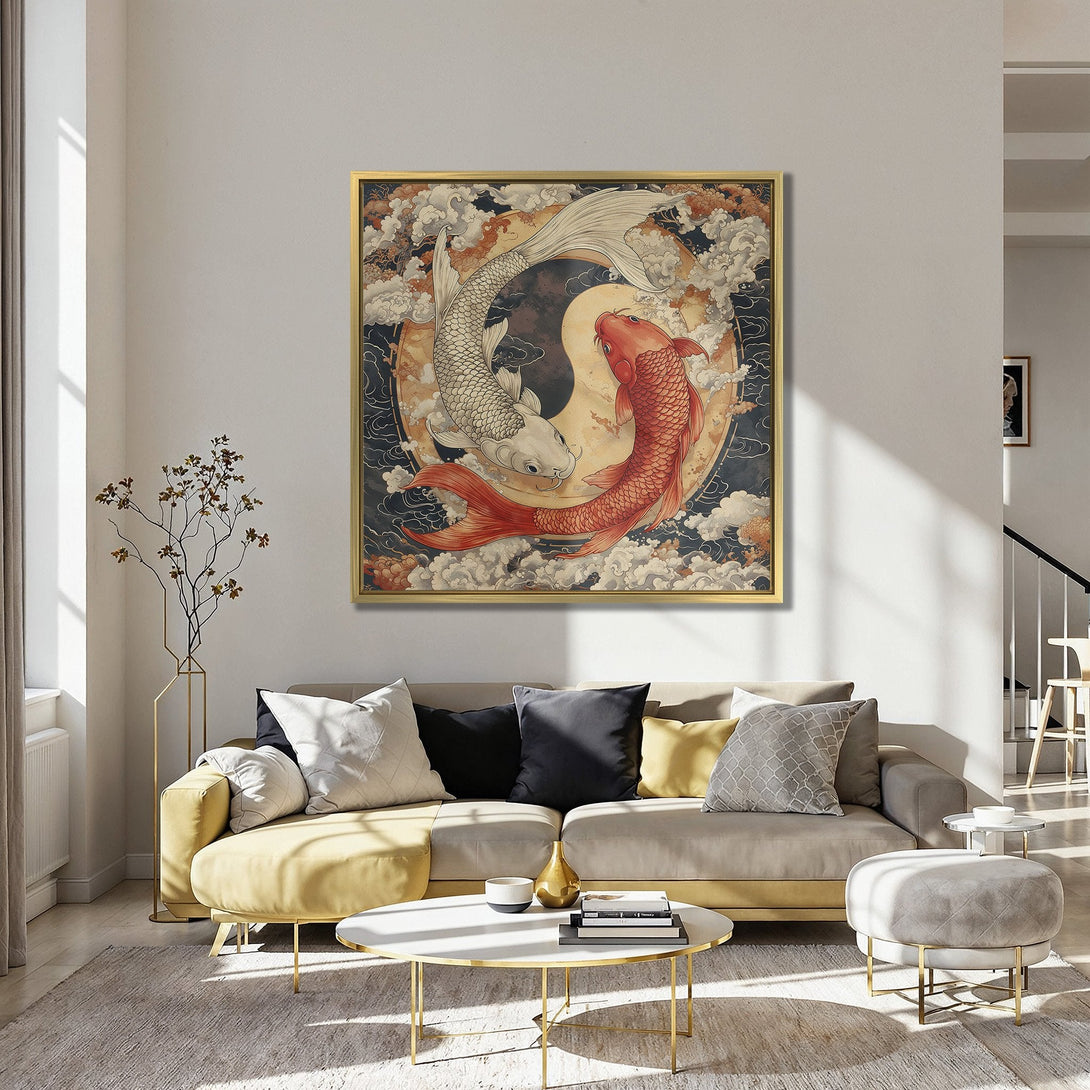 Canvas Print of Koi Fish in Yin Yang style, with a warm, earthy color palette. Perfect for adding a touch of zen to your home decor.