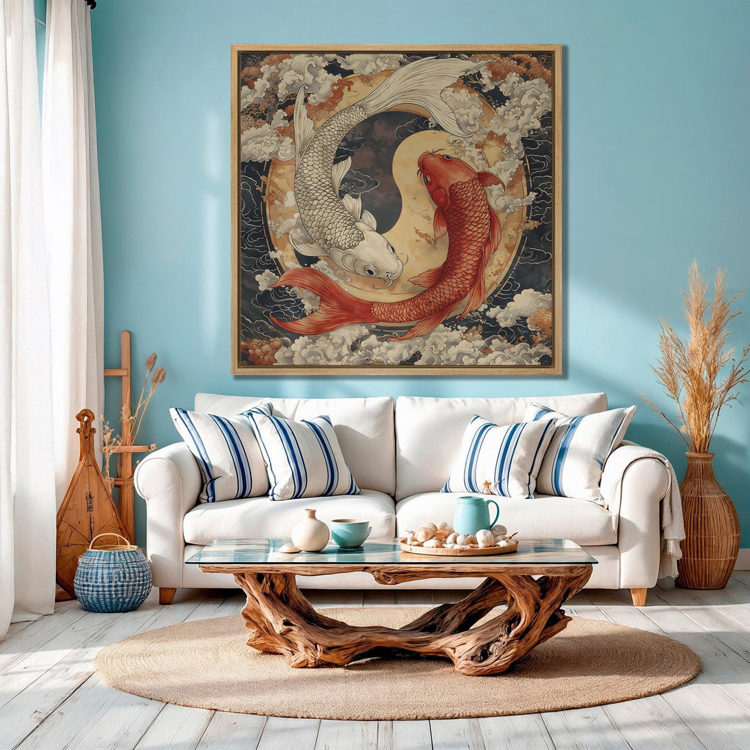 Framed Wall Art: Yin Yang koi fish canvas print in a serene living room. Features a calming blue, white, and orange color palette, perfect for home decor.