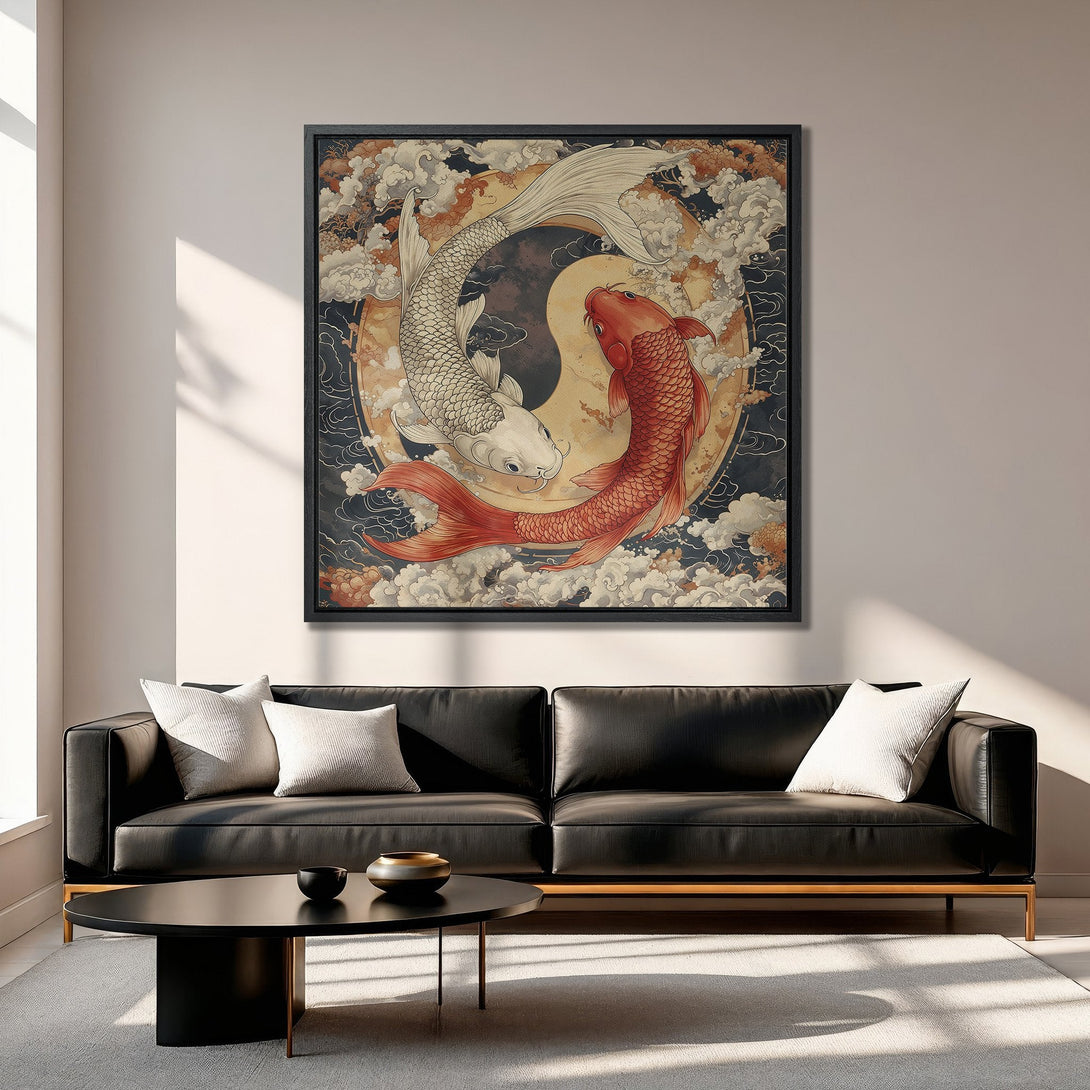 Framed Wall Art featuring a Yin Yang Koi Fish design in a Japanese style. Earthy tones of red, white, and gold create a serene atmosphere.