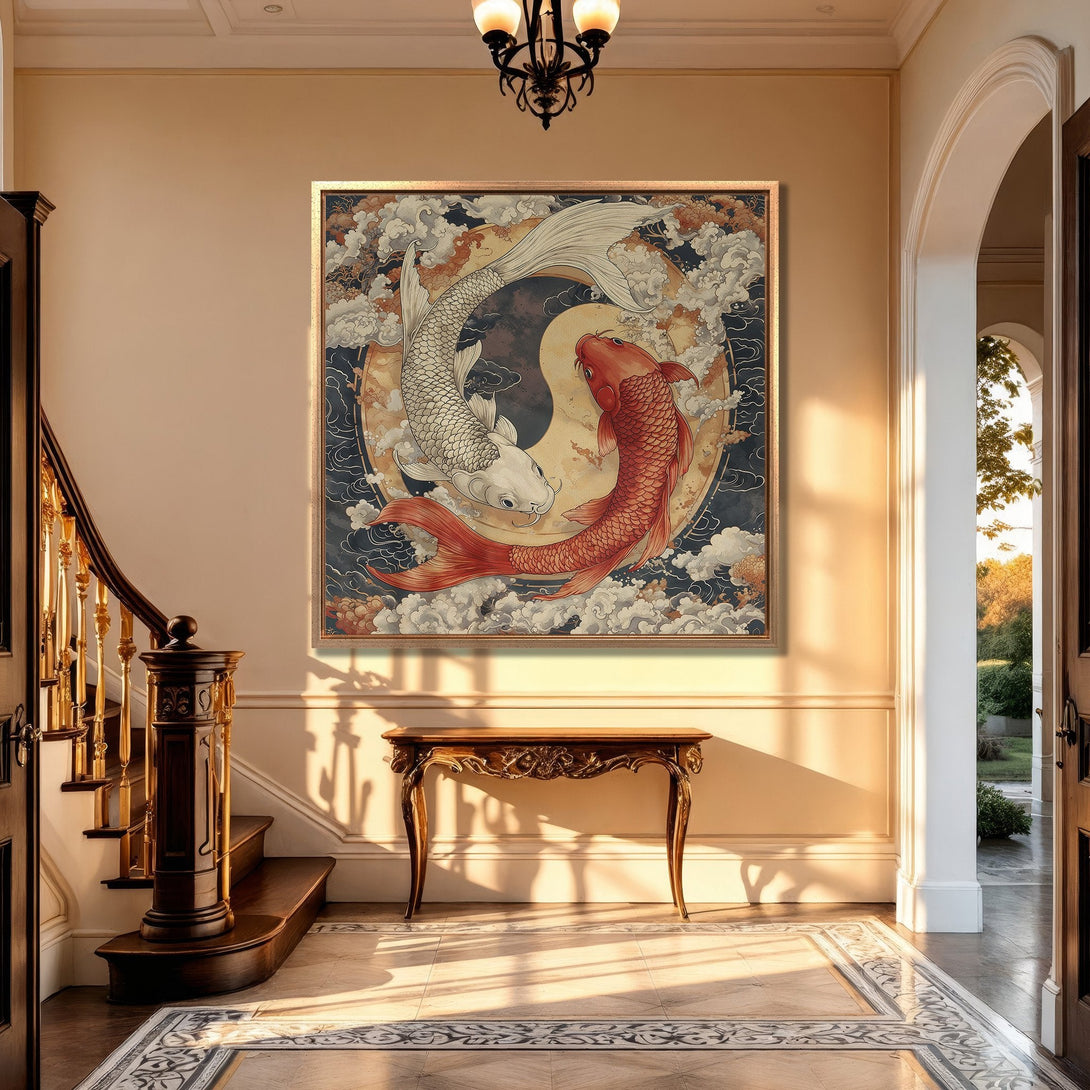 Framed Wall Art: Yin Yang koi fish artwork in a classic interior. Featuring a warm color palette with gold, red, and blue tones. Perfect for home decor.
