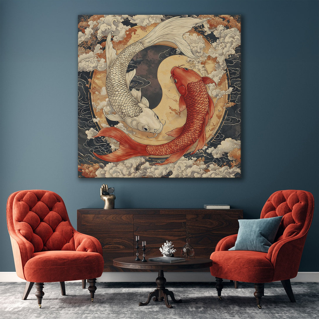 Framed Wall Art: Koi fish Yin Yang design in a gold frame. Modern, Asian-inspired art with a warm, neutral color palette, perfect for living room decor.