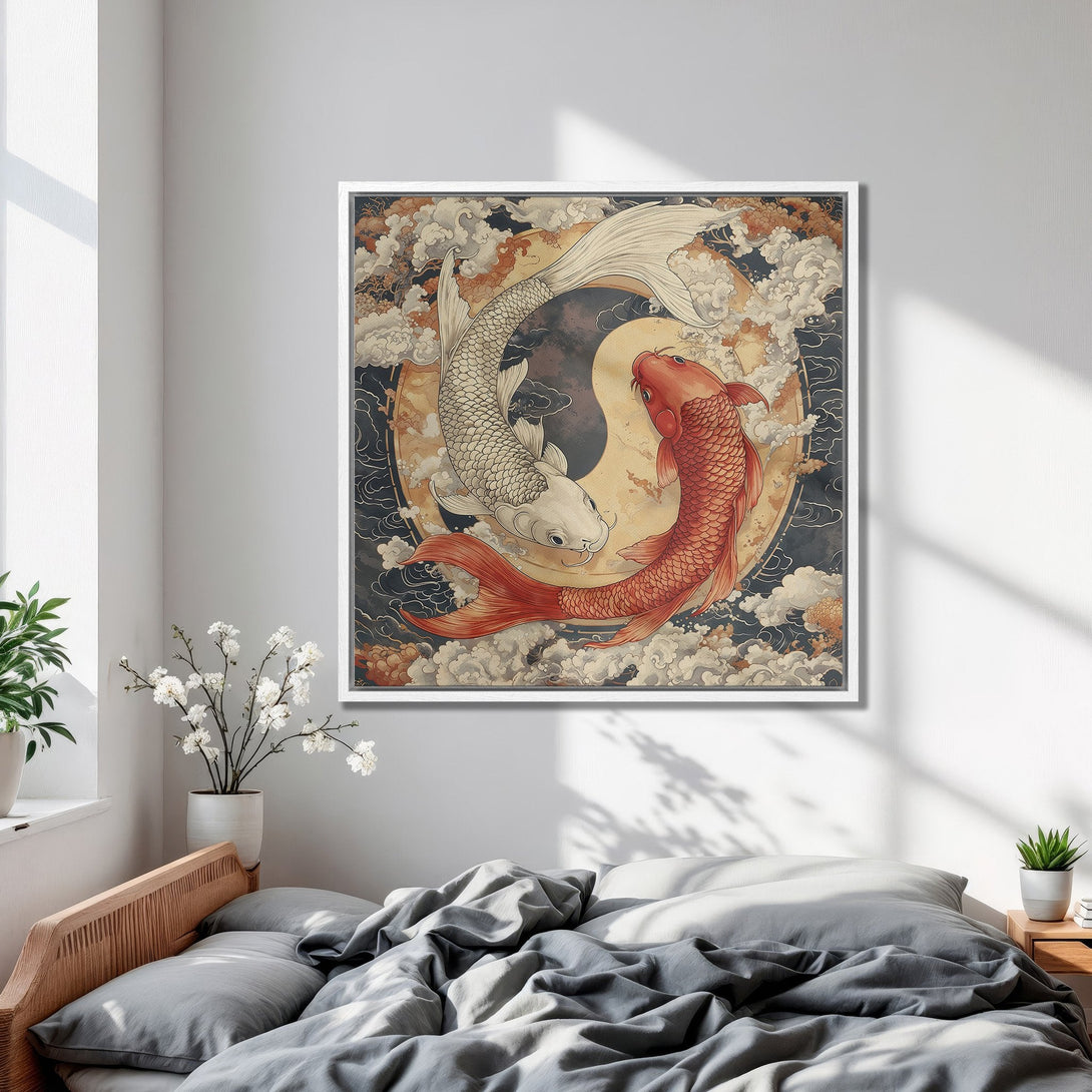 Framed Wall Art: Yin Yang koi fish in a Japanese style, warm color palette. Perfect for bedroom decor.