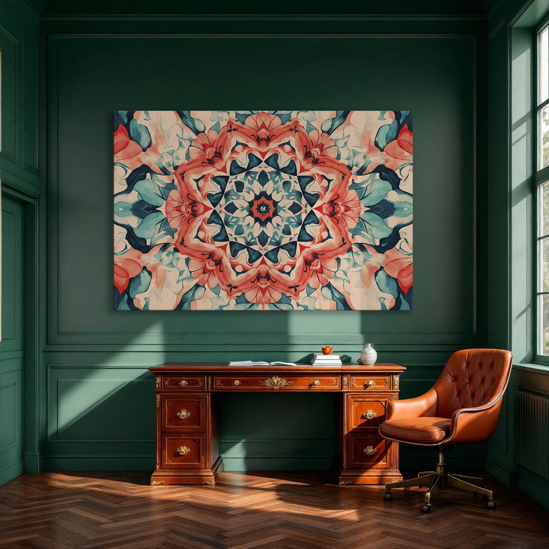 Framed Wall Art featuring an abstract floral design in coral, teal, and cream, displayed in a modern dining room setting.