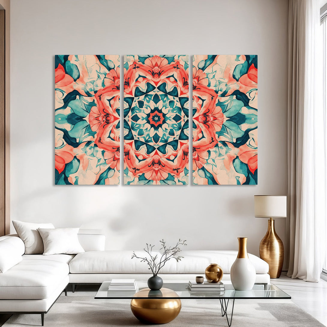 Abstract Canvas Print in a living room, featuring a floral design with teal, coral, and cream tones. Modern wall art for home decor.