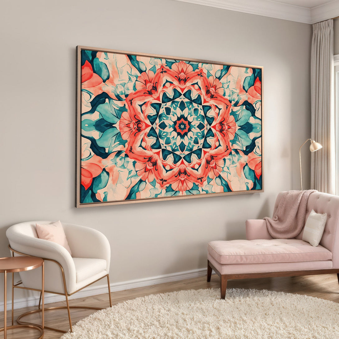 Framed Wall Art: Abstract floral design in coral and teal hues. Modern Canvas Print adds a pop of color and style to any living room.