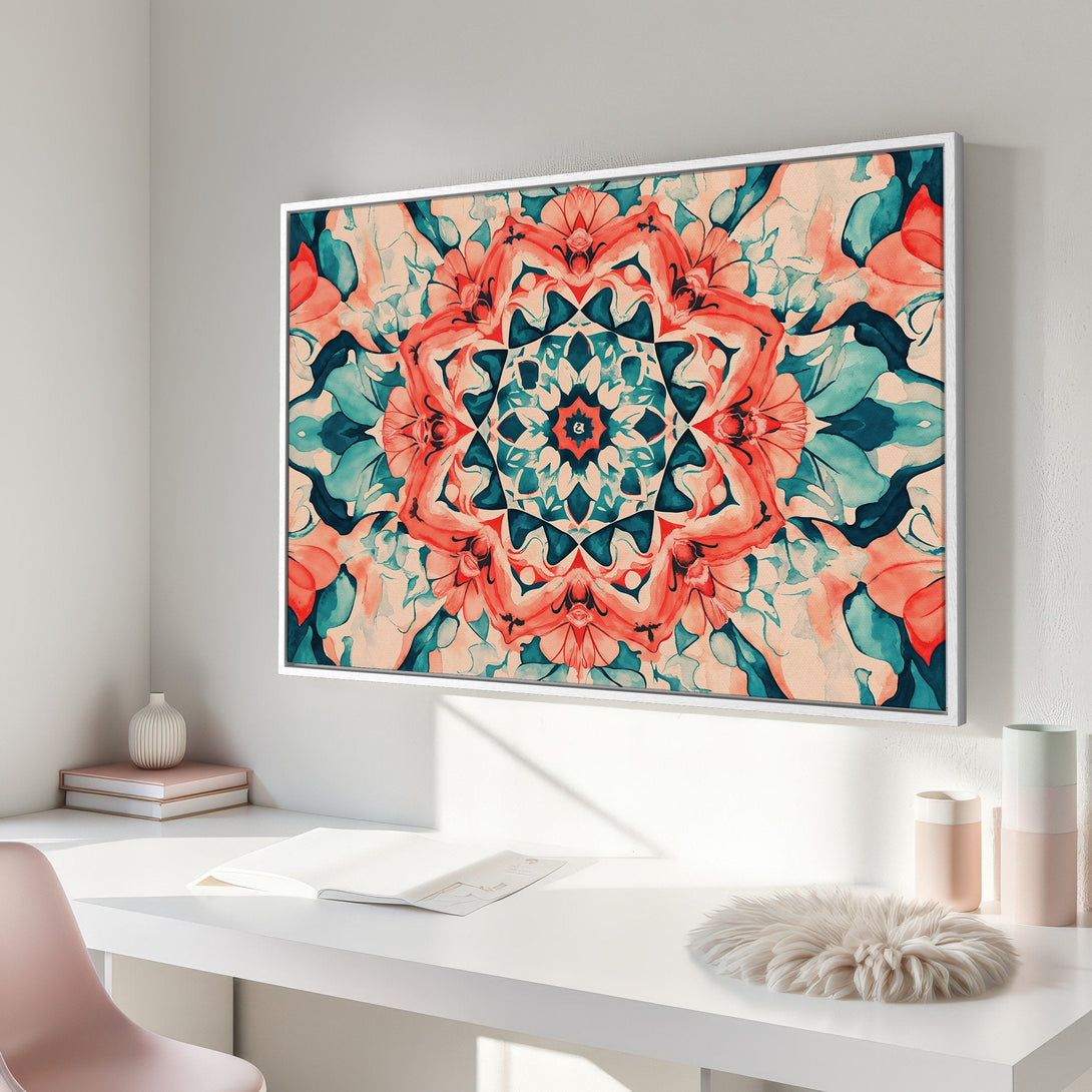 Framed Wall Art: Abstract floral design in coral, teal, and beige. Modern Canvas Print adds a pop of color and style to any interior.