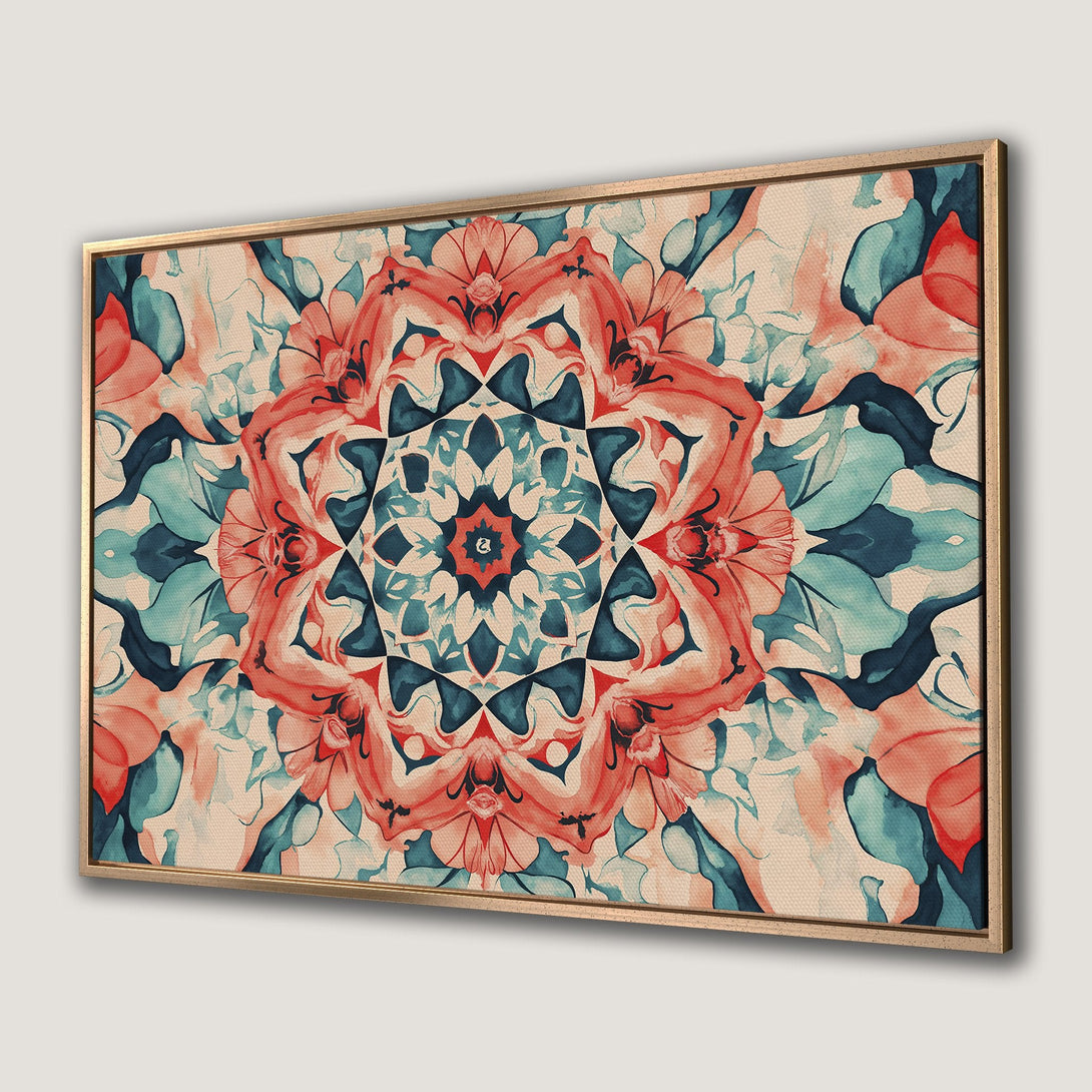 Framed Wall Art featuring a watercolor floral mandala in coral, teal, and cream. Add a touch of bohemian style to your home!