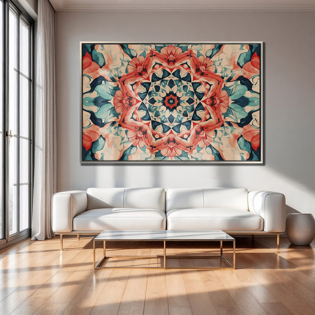 Framed Wall Art: Abstract floral design in coral, teal, and beige. Modern Canvas Print adds a pop of color to a minimalist living room.