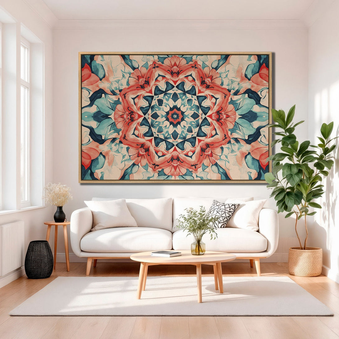 Framed Wall Art featuring a vibrant floral mandala in coral and teal. Modern art canvas print adds a pop of color to any living room.