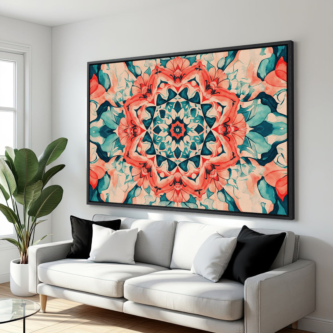 Framed Wall Art: Abstract floral mandala in coral, teal, and cream. Modern art print adds a pop of color to a living room interior.