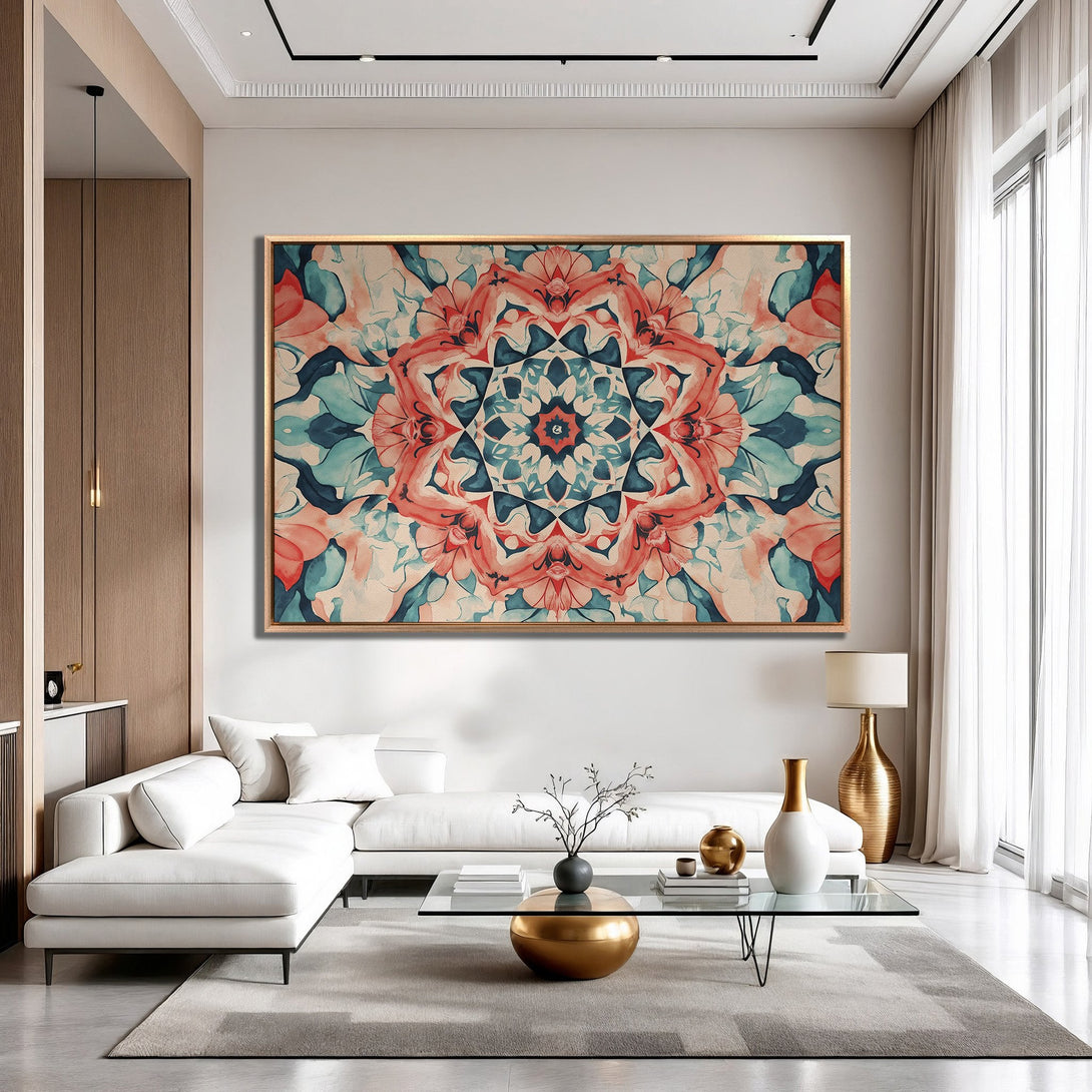 Framed Wall Art: Abstract floral print in coral, teal, and beige. Modern art for living room decor. Shop canvas prints today!