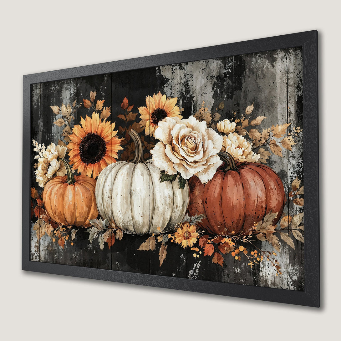 Framed Poster featuring pumpkins and flowers in rustic style, with a warm, autumnal color palette.