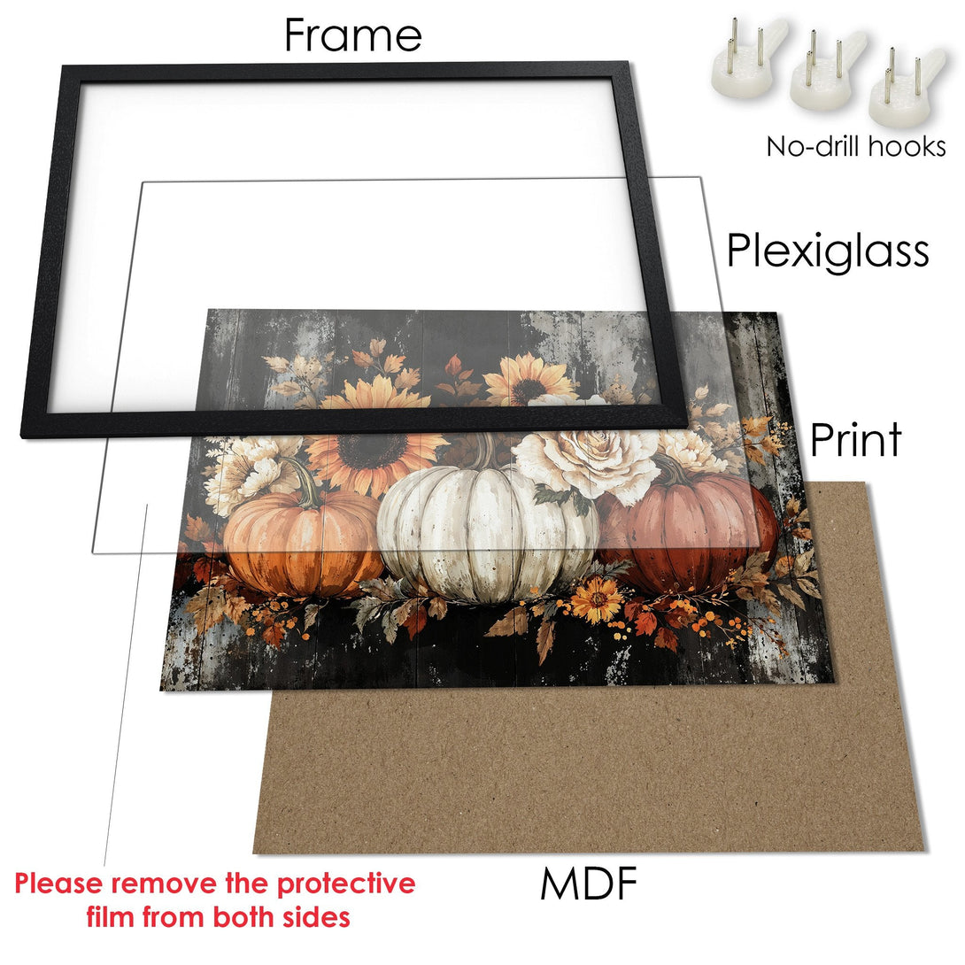 Framed Poster featuring pumpkins and sunflowers in a rustic style with warm autumn colors. Perfect fall decor!
