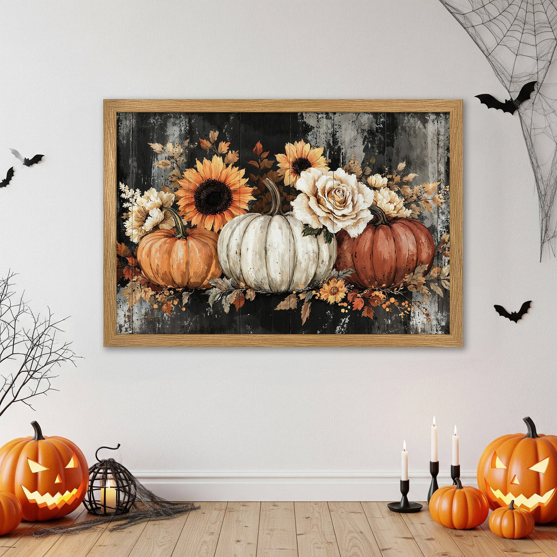 Framed Poster featuring pumpkins and sunflowers in rustic style, warm autumn color palette, perfect for Halloween decor.