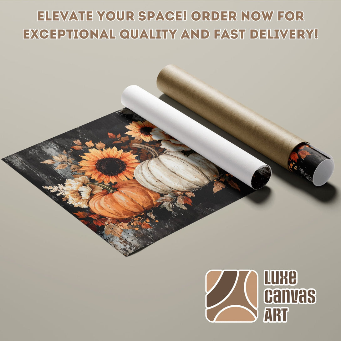Poster Roll featuring fall pumpkins and sunflowers, rustic style, warm orange and black palette.
