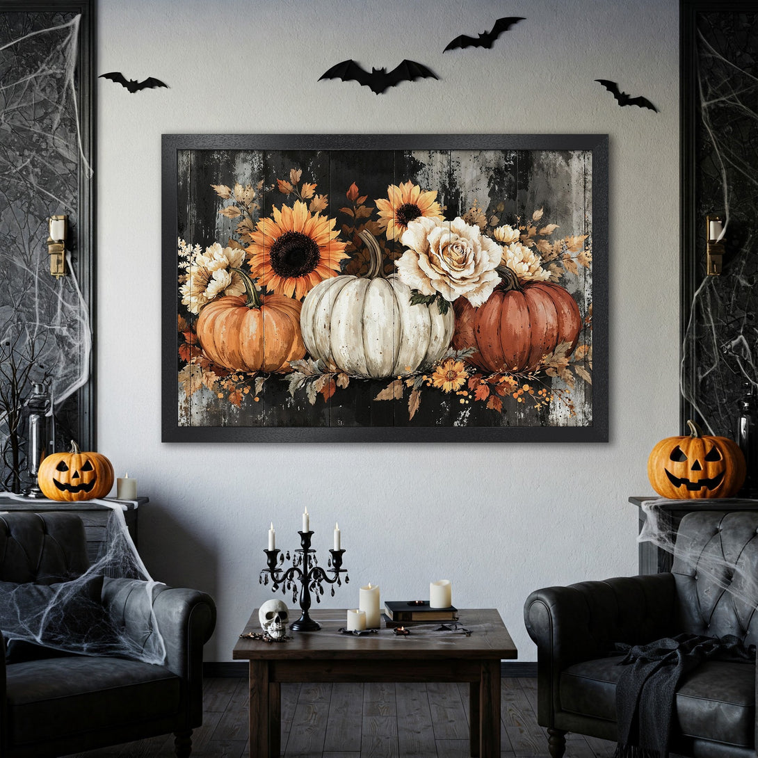 Framed Poster featuring a floral pumpkin arrangement in a rustic style with warm orange, cream, and black tones, perfect for Halloween decor.