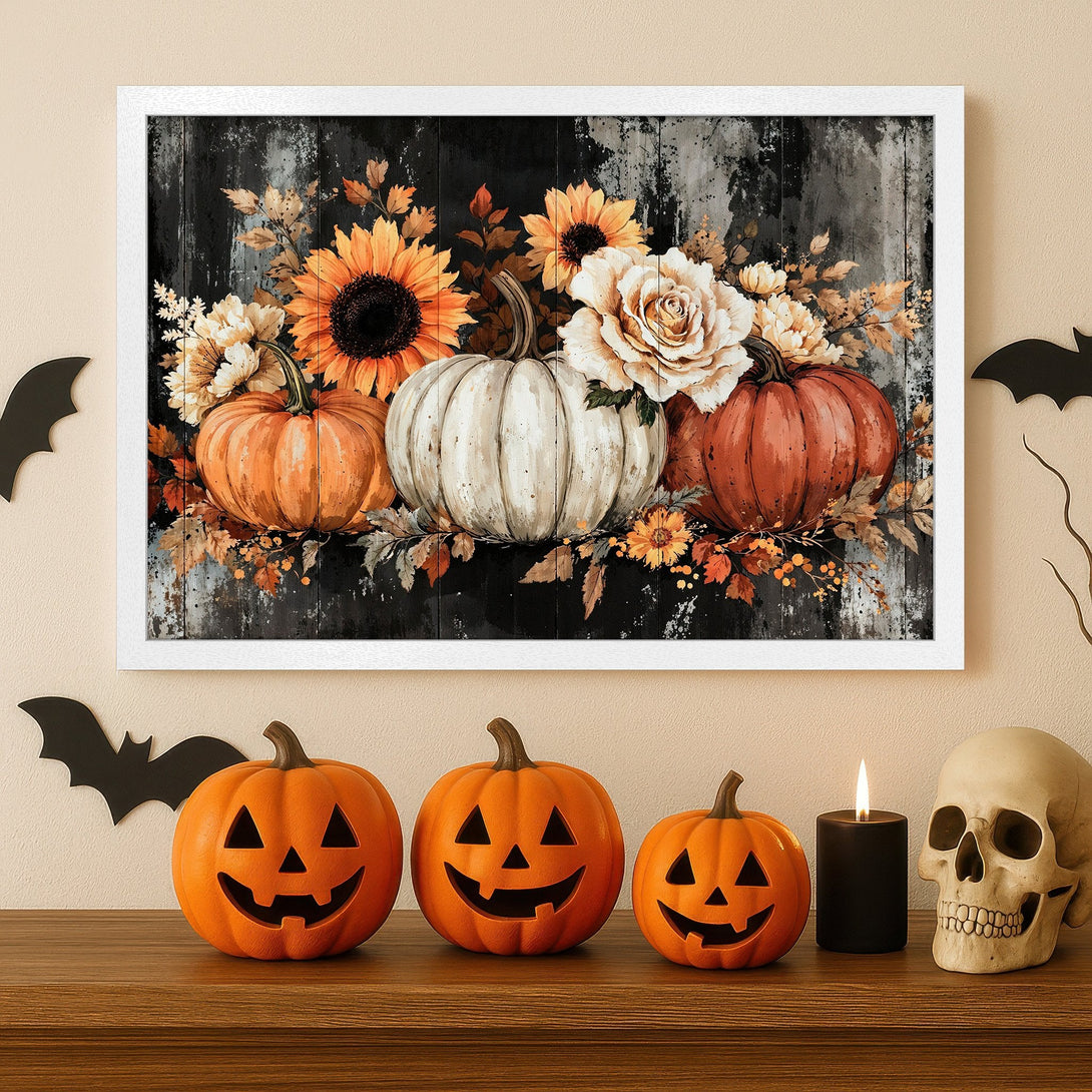 Framed Poster featuring pumpkins & flowers in a rustic style. Autumnal color palette. Perfect Halloween decor!