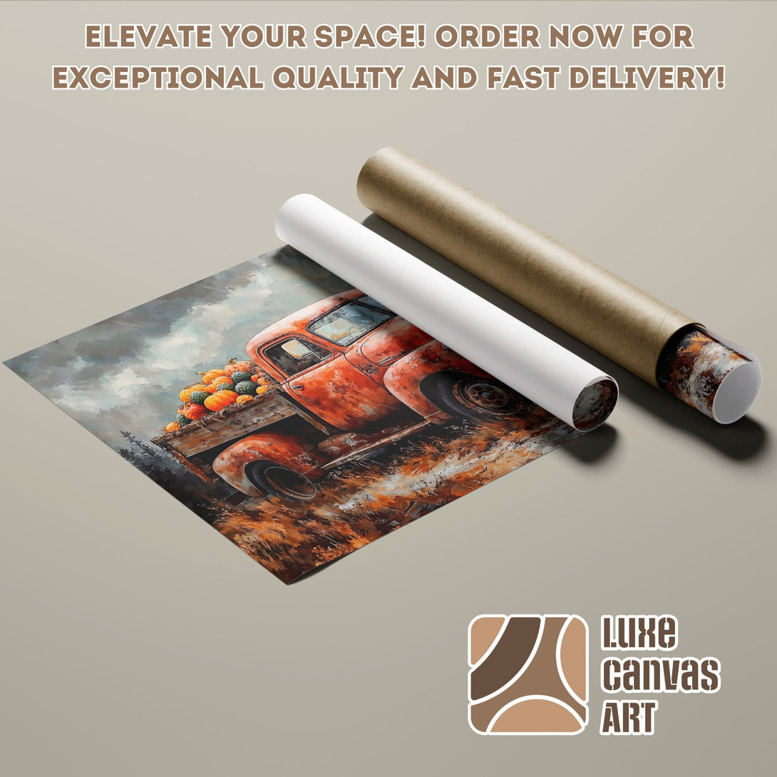 Poster Roll of an orange truck with pumpkins, rustic style, warm color palette.