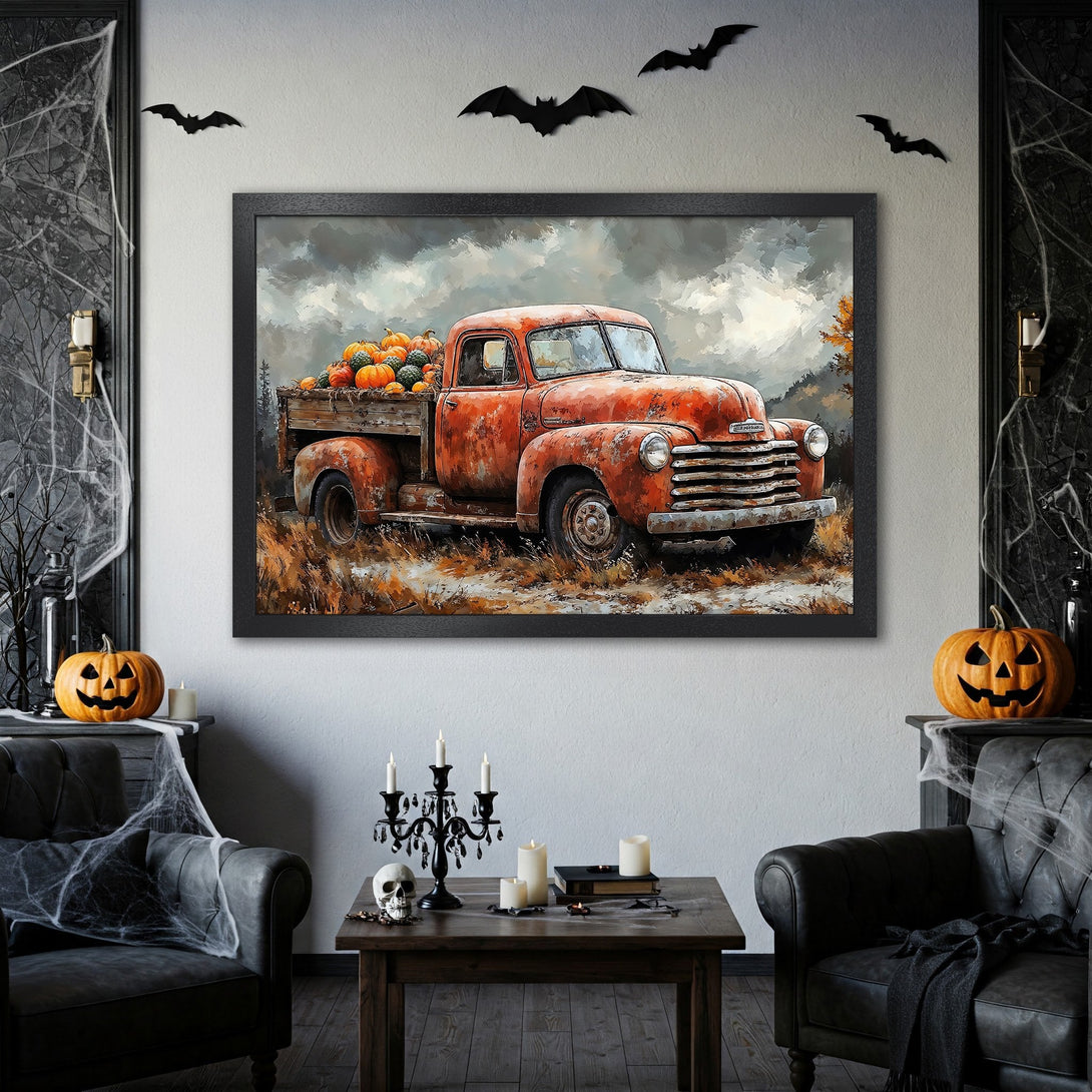 Framed Poster featuring a vintage truck with pumpkins, painted in a rustic style with orange and brown tones. Perfect Halloween decor!