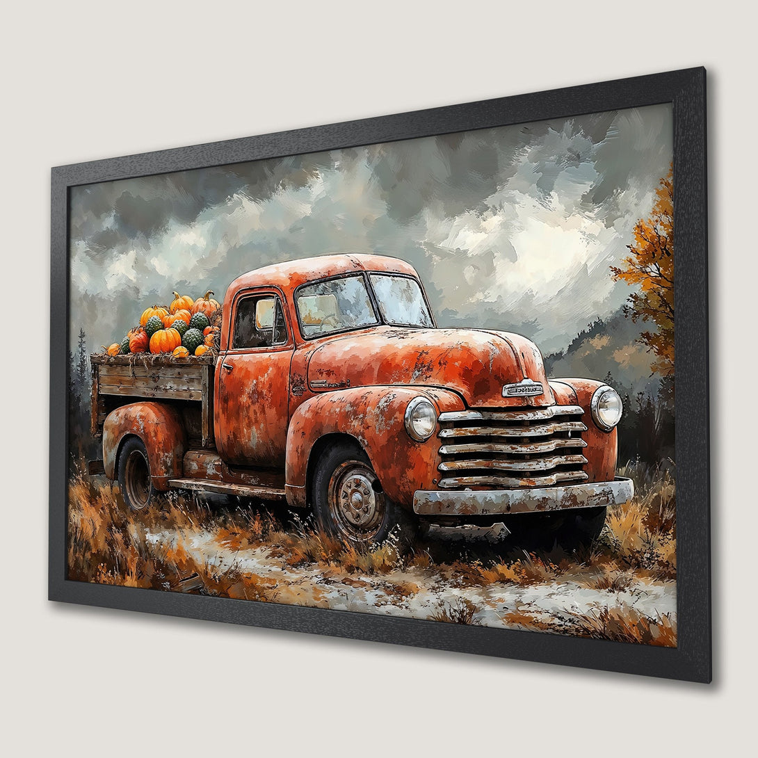 Framed Poster featuring a vintage truck with pumpkins, rustic style, warm orange & gray palette. Perfect fall decor!