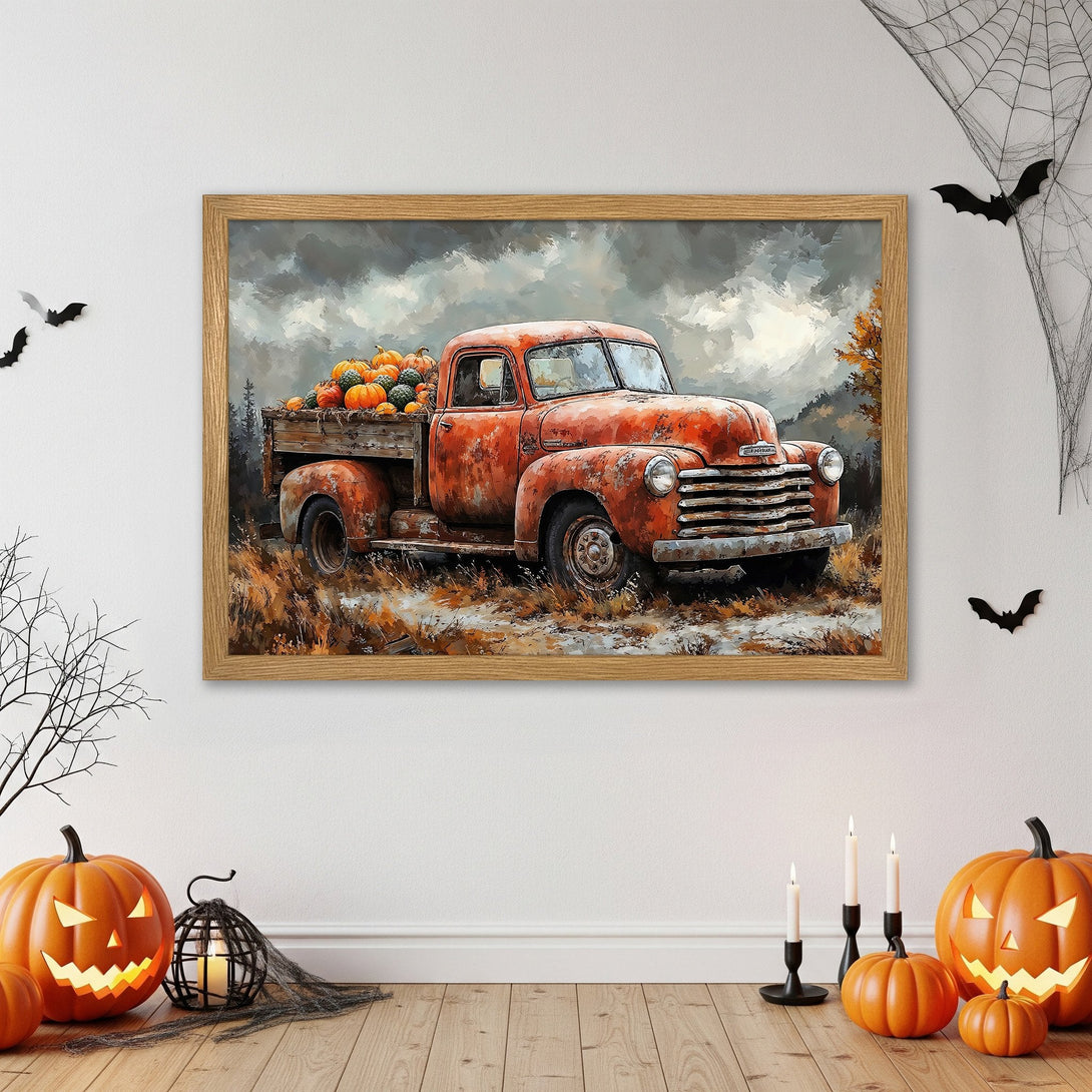 Framed Poster featuring a vintage red truck filled with pumpkins, painted in a rustic style with warm orange and earthy tones. Perfect fall decor!