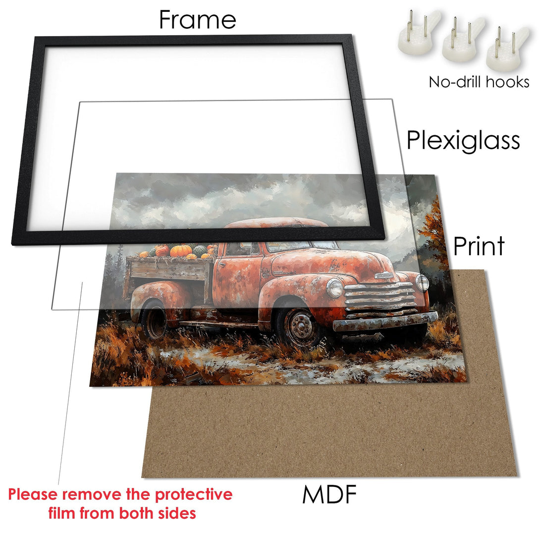 Framed Poster featuring a vintage truck in a rustic style, with warm orange and earthy tones. Perfect wall art!