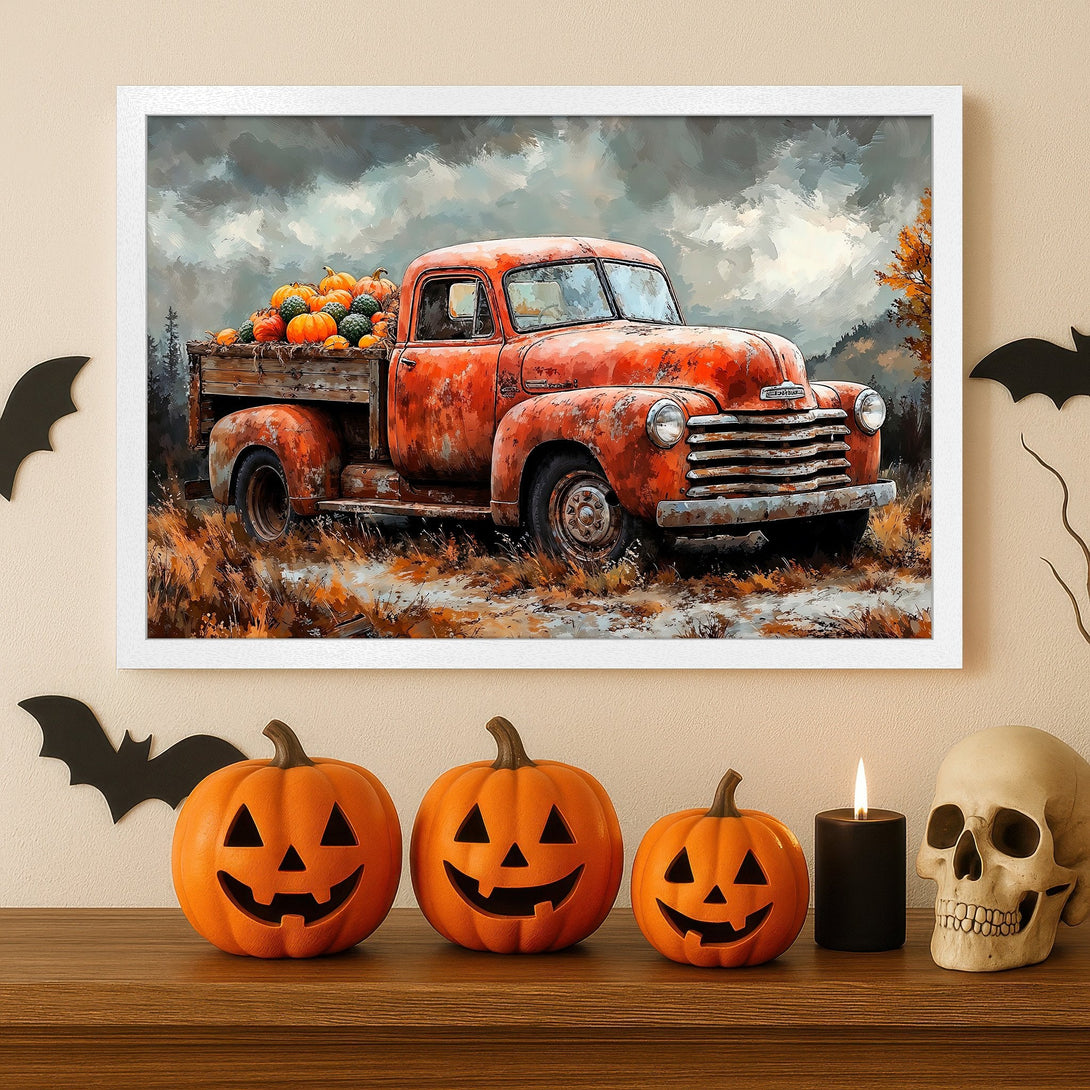 Framed Poster featuring a vintage truck filled with pumpkins in an impressionistic style, warm orange and brown tones. Perfect for fall decor.