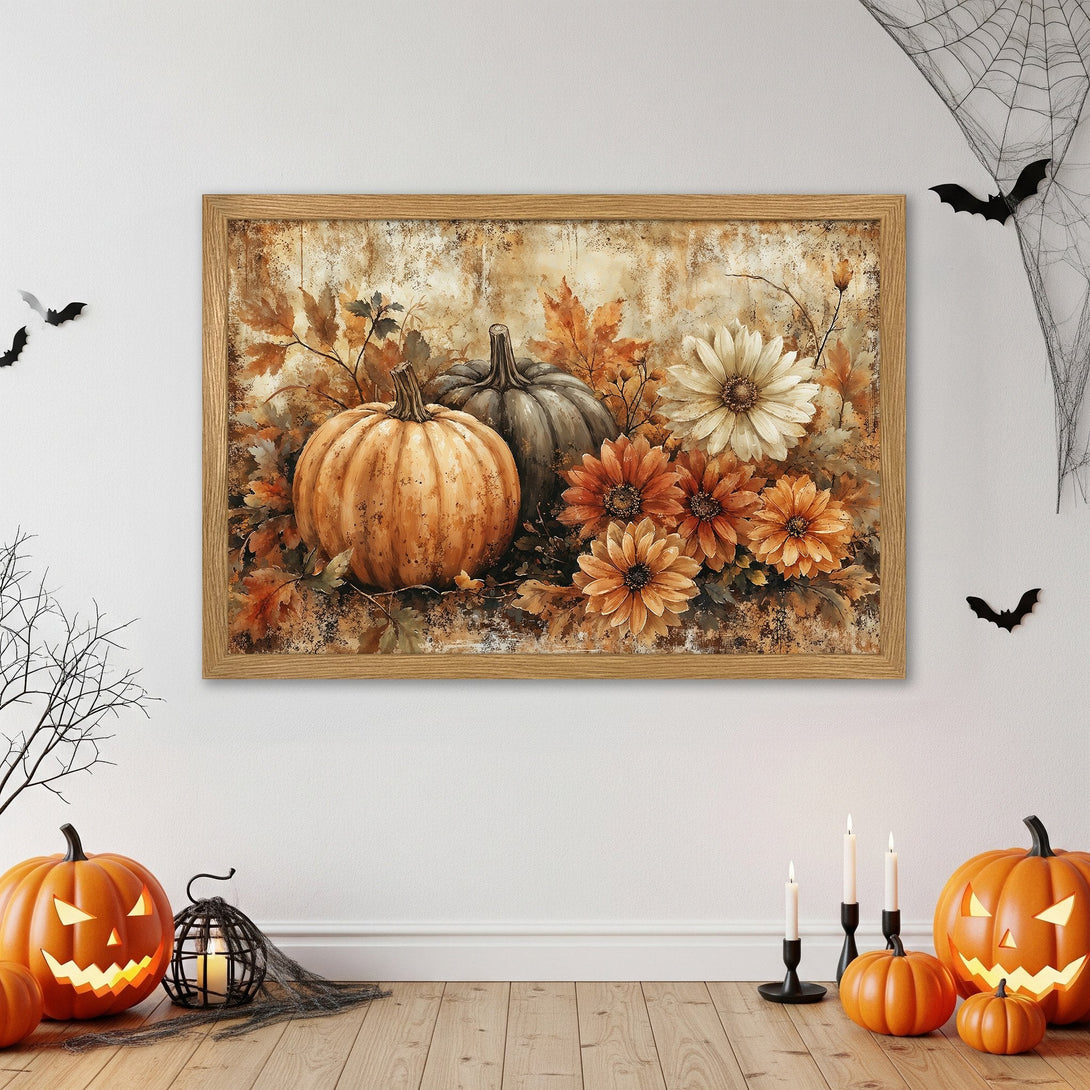 Framed Poster featuring pumpkins and flowers in warm autumnal tones. Perfect Halloween decor!
