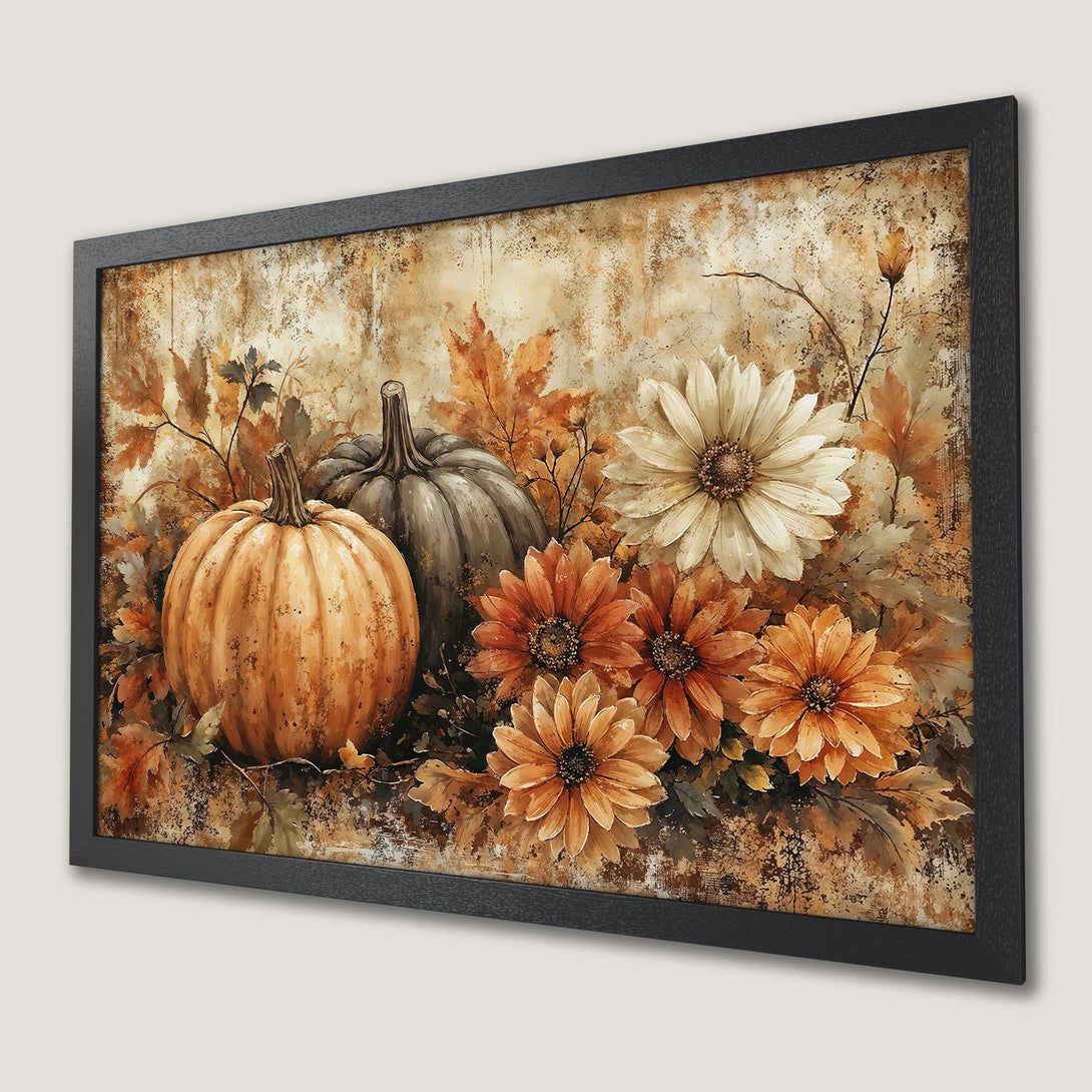 Framed Poster featuring pumpkins and flowers in warm autumn colors. Perfect fall decor.