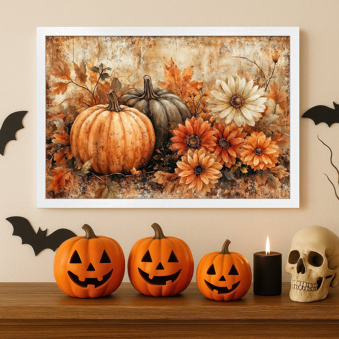 Framed Poster featuring pumpkins and flowers in warm autumn colors. Perfect Halloween decor!