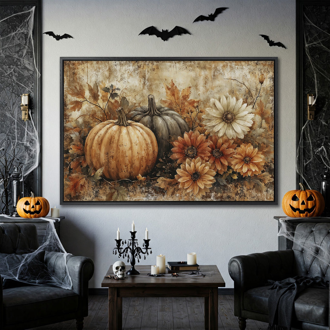Framed Wall Art: Autumnal pumpkins and flowers in warm tones. Perfect Halloween decor. Add spooky charm to your home!