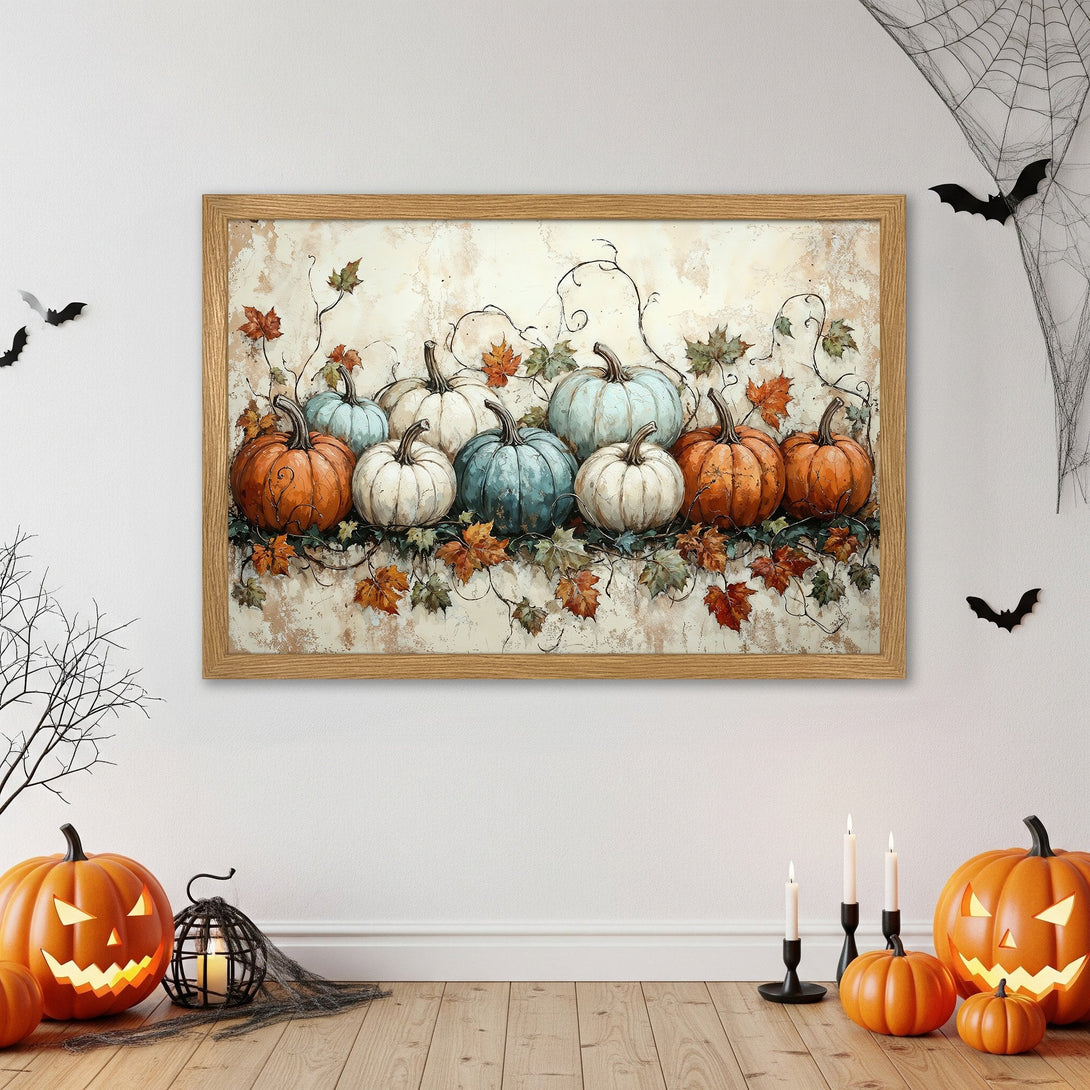 Framed Poster featuring pumpkins in a vintage style, with a warm, autumnal color palette. Perfect Halloween decor!