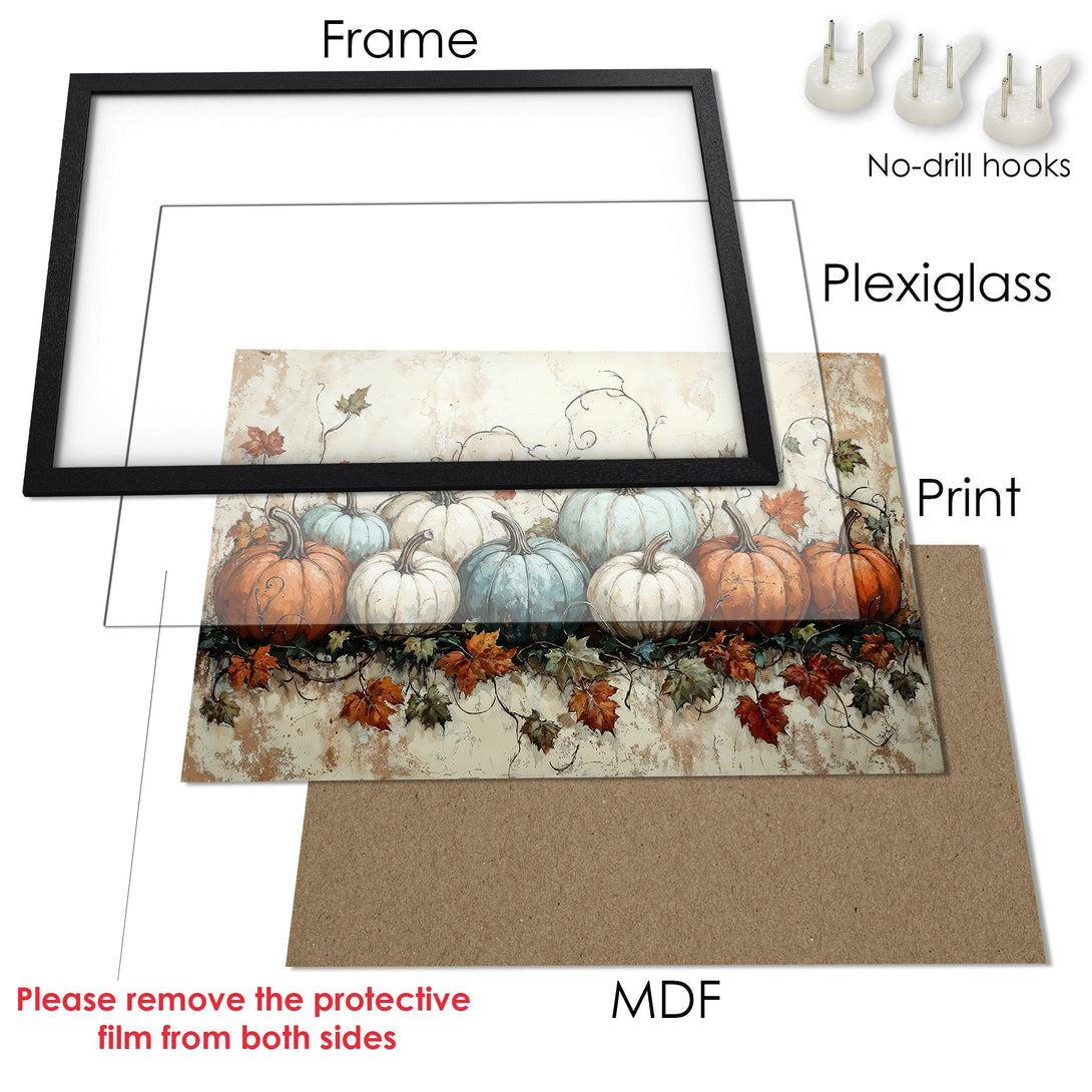 Framed Poster featuring pumpkins in a rustic style with warm autumn colors. Perfect fall decor!