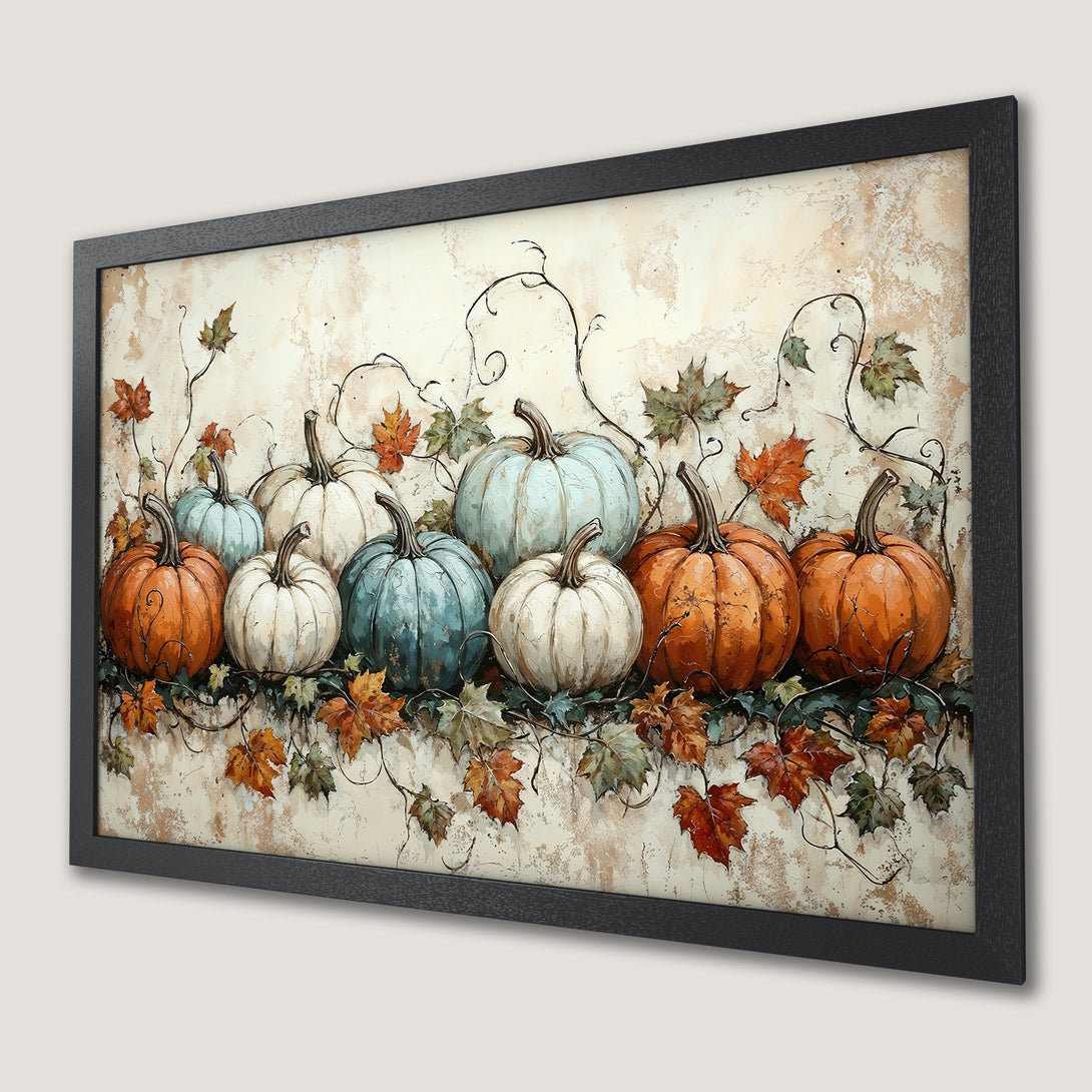 Framed Poster featuring autumn pumpkins in warm orange, blue, and white hues. Rustic style art for fall decor.