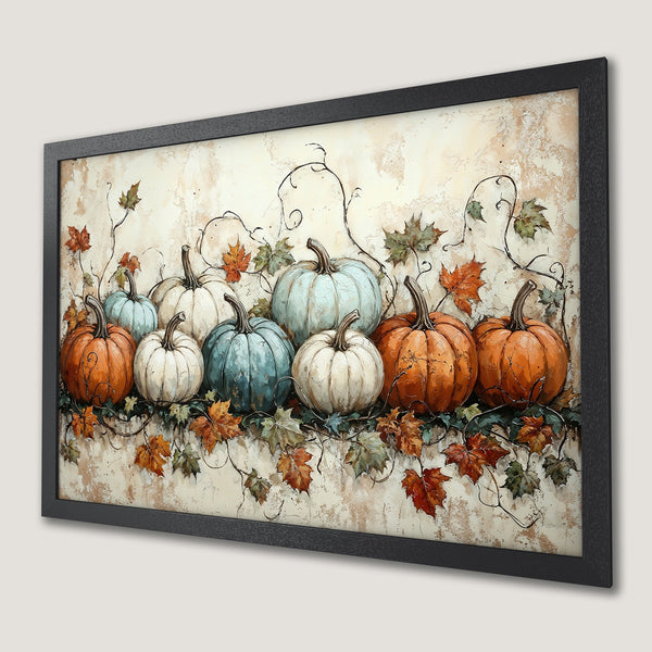 Framed Poster featuring autumn pumpkins in warm orange, blue, and white hues. Rustic style art for fall decor.