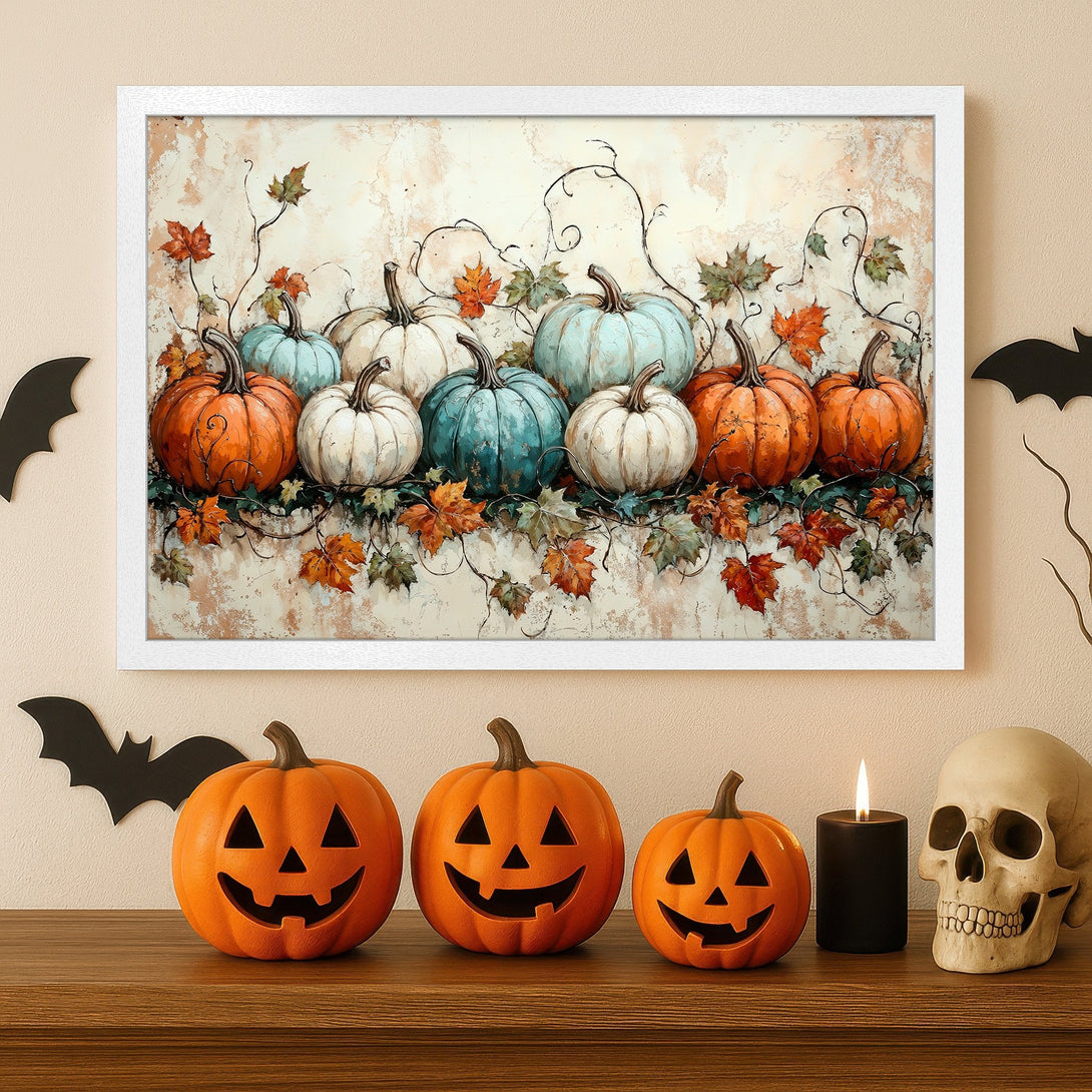 Framed Poster featuring pumpkins in a vintage style, with orange, white, and teal hues, perfect for Halloween decor.