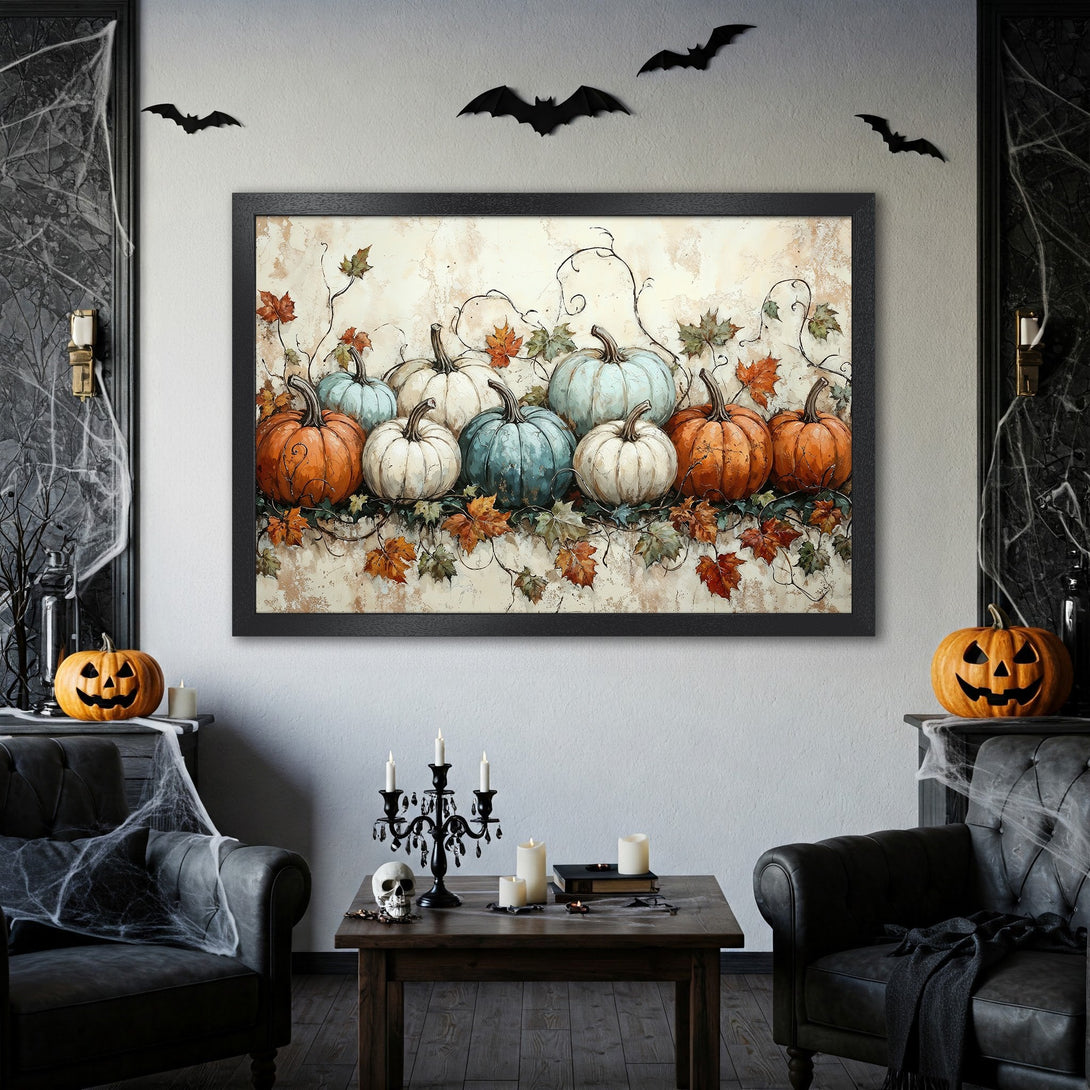 Framed Poster featuring a watercolor style painting of pumpkins in orange, white, and blue. Perfect Halloween decor!