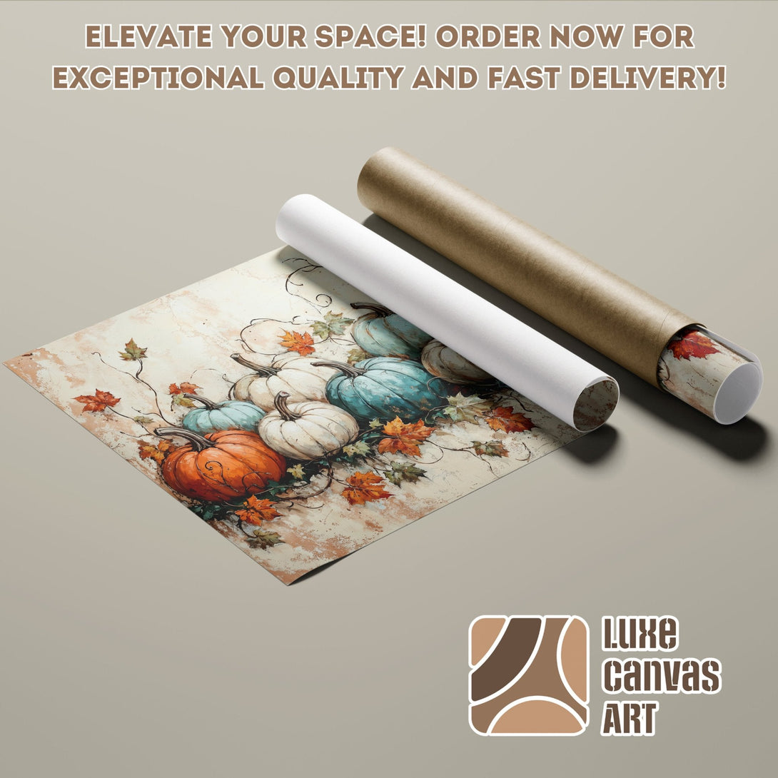Poster Roll featuring a fall pumpkin art print, warm color palette, perfect for home decor.