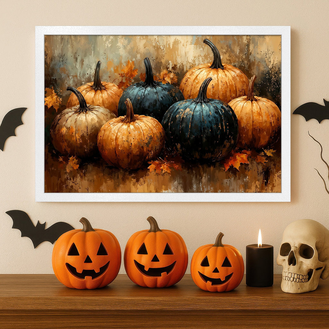 Framed Poster featuring a vibrant Halloween pumpkin painting in warm orange and teal tones. Perfect fall decor!