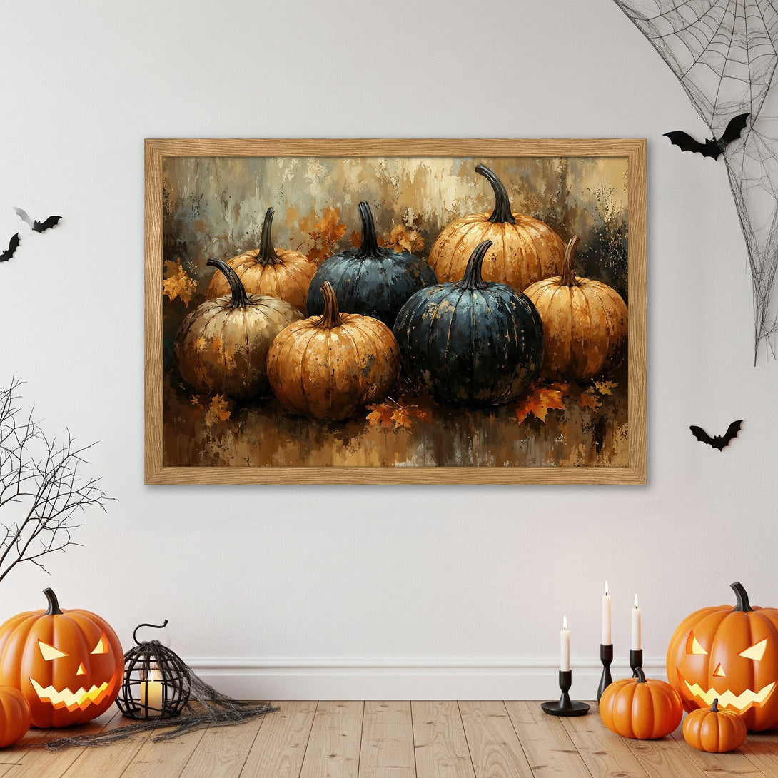 Framed Poster featuring a pumpkin still life in warm autumn tones. Perfect Halloween decor!