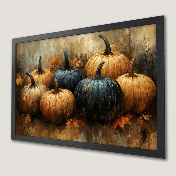 Framed Poster featuring a fall harvest of pumpkins in warm orange and black tones. Perfect autumn decor!