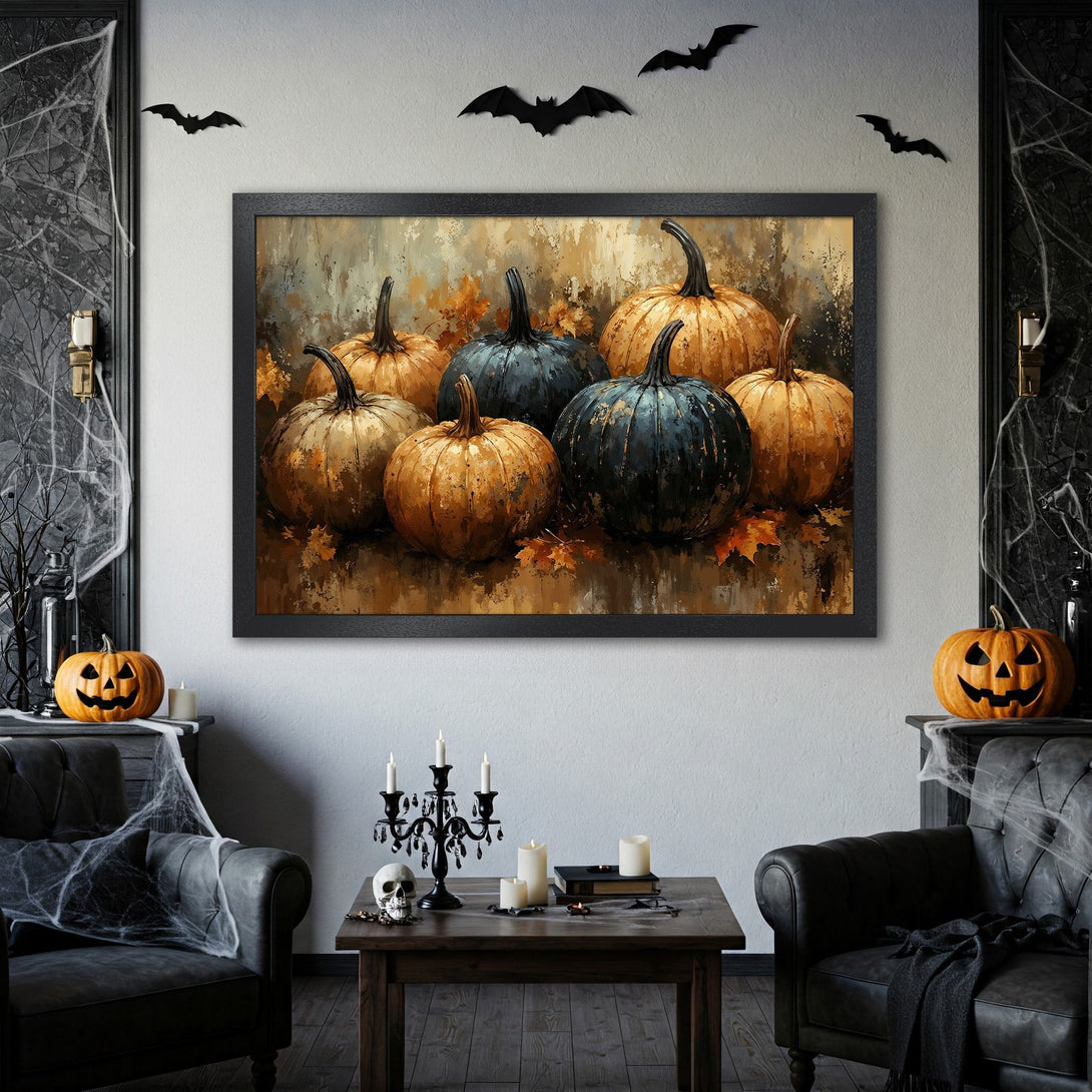 Framed Poster featuring a Halloween pumpkin painting in a warm, autumnal color palette. Perfect spooky decor!