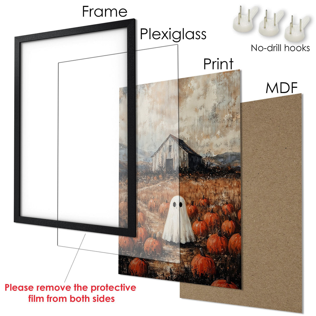 Framed Poster: Spooky Halloween scene with ghost & pumpkins. Rustic style, warm orange & beige tones. Perfect wall art for fall.