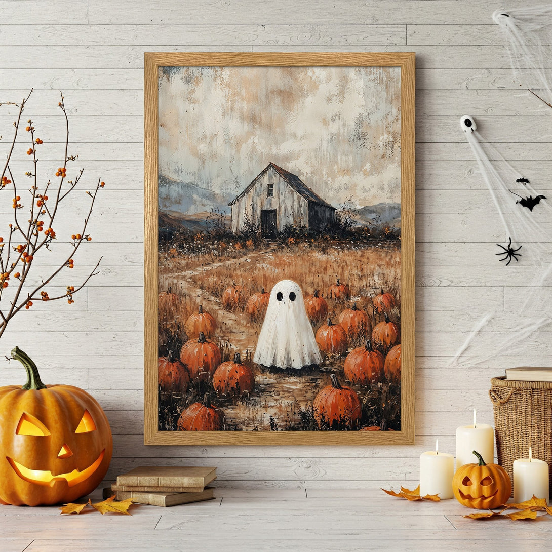 Framed Poster: Halloween art with ghost & pumpkins. Rustic style, warm orange & beige palette. Perfect fall decor.