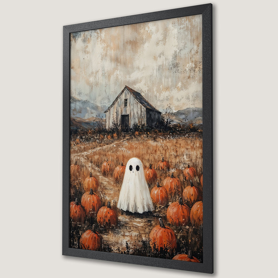 Framed Poster featuring a whimsical ghost in a pumpkin patch. Rustic style with orange, brown, and cream tones. Perfect Halloween decor!