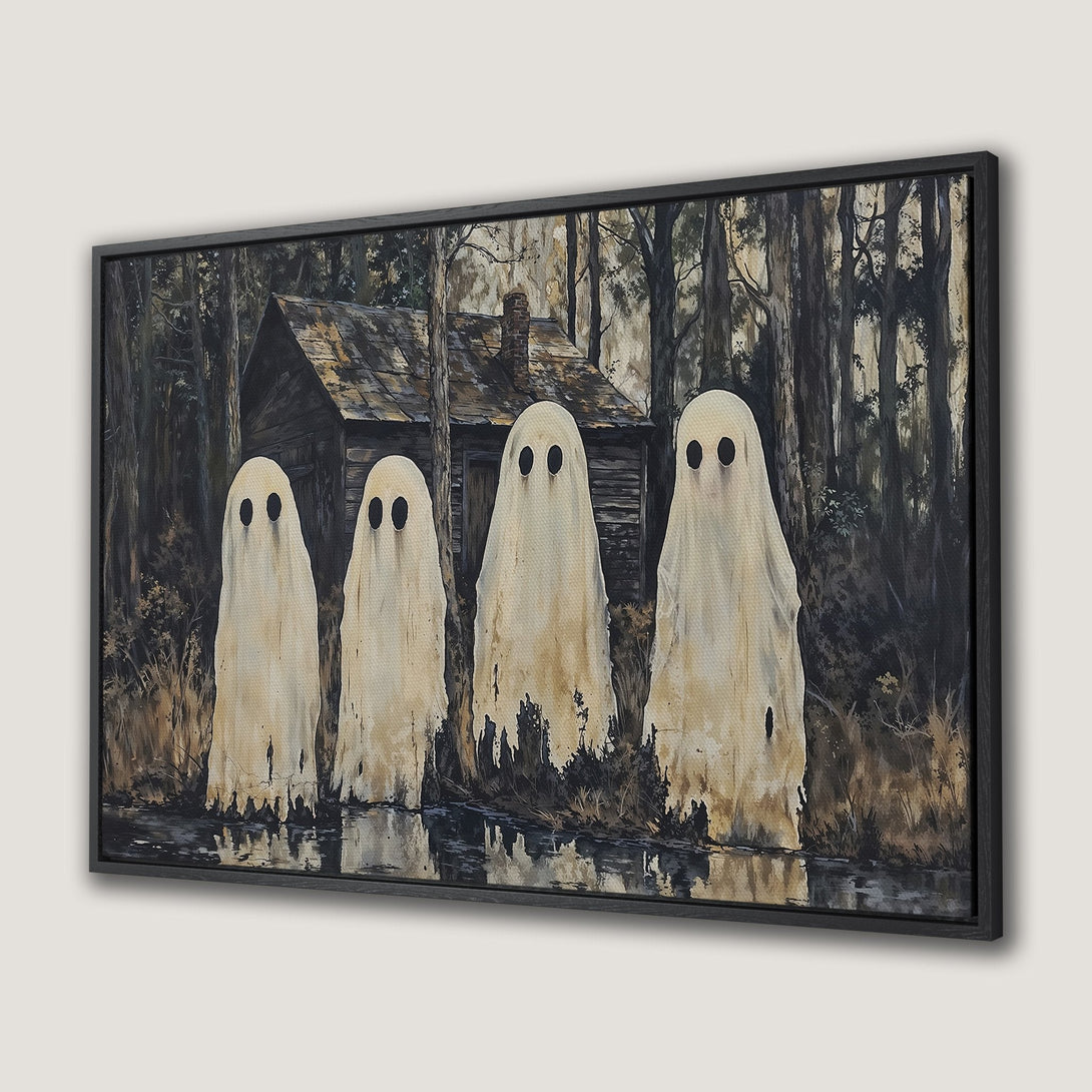 Framed Wall Art: Spooky ghost painting in a dark, moody forest. Earthy tones with a hint of mystery. Perfect Halloween decor!