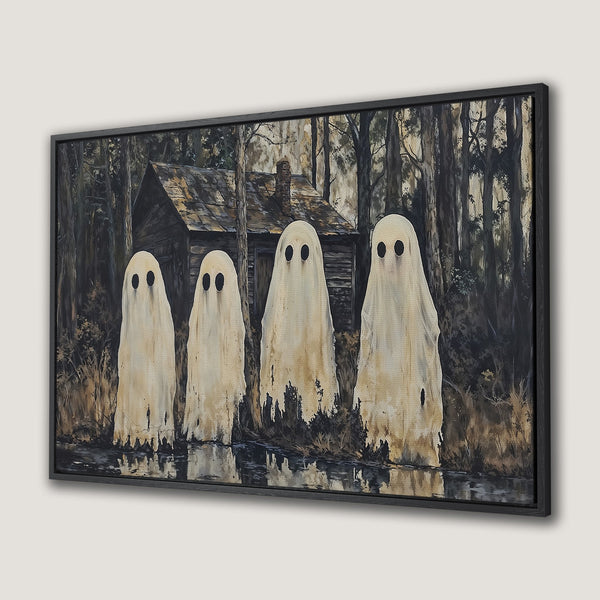 Framed Wall Art: Spooky ghost painting in a dark, moody forest. Earthy tones with a hint of mystery. Perfect Halloween decor!