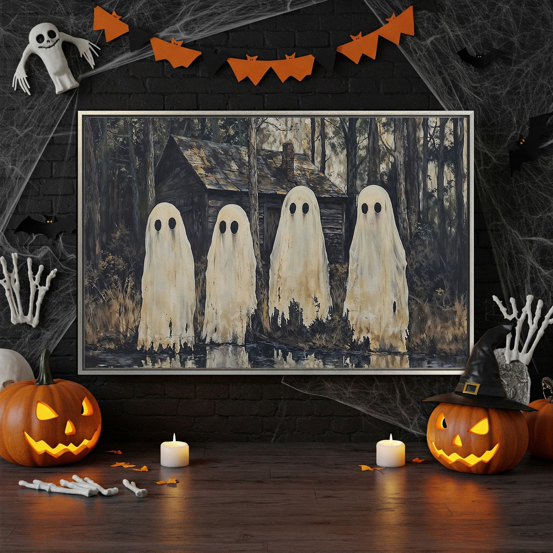 Framed Wall Art: Spooky Halloween scene with ghostly figures in a dark forest. Rustic style, neutral and earthy tones, perfect for seasonal decor.