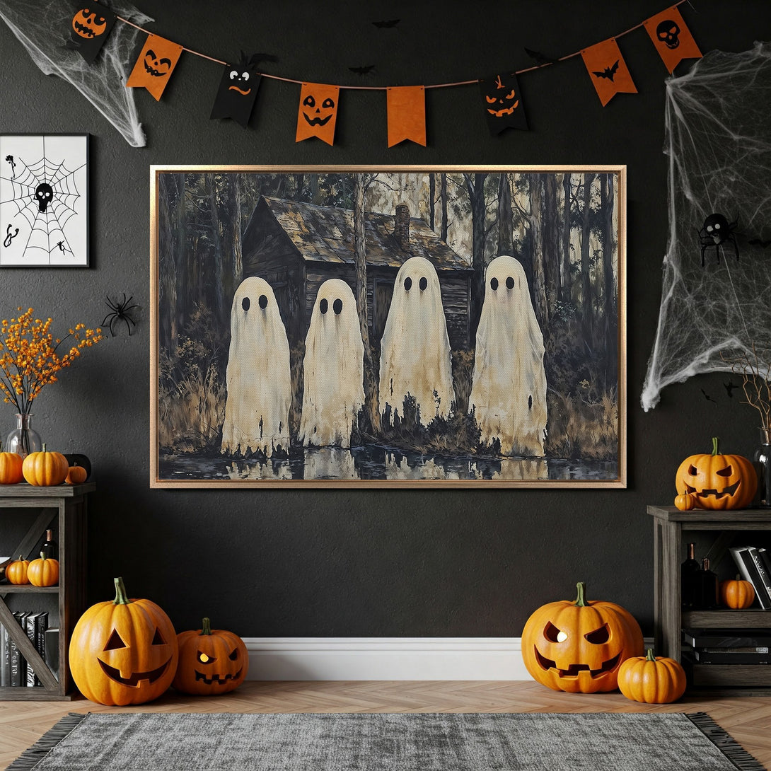 Framed Wall Art: Spooky ghost painting in a Halloween-themed interior. Dark, moody color palette with orange and black accents. Perfect for seasonal decor.